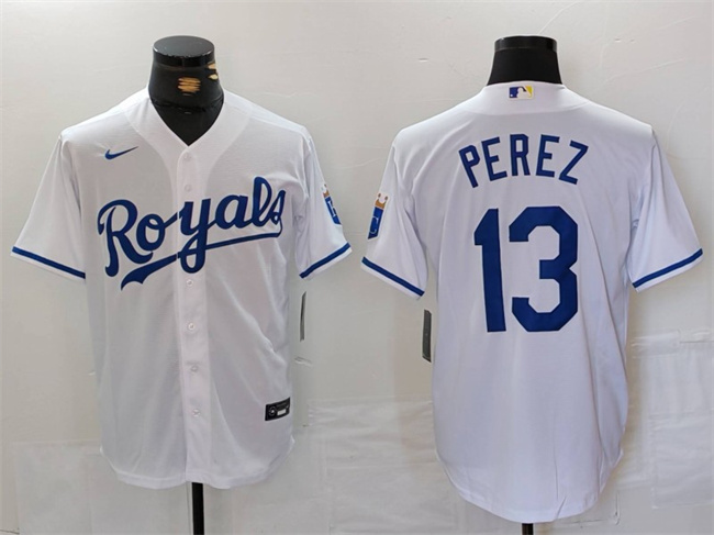 Men's Kansas City Royals #13 Salvador Perez White Cool Base Stitched Jersey Men's Kansas City Royals #13 Salvador Perez White Cool Base Stitched Jersey